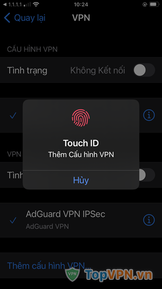 Nhập mật khẩu điện thoại hoặc dùng TouchFace ID để thêm cấu hình VPN mới