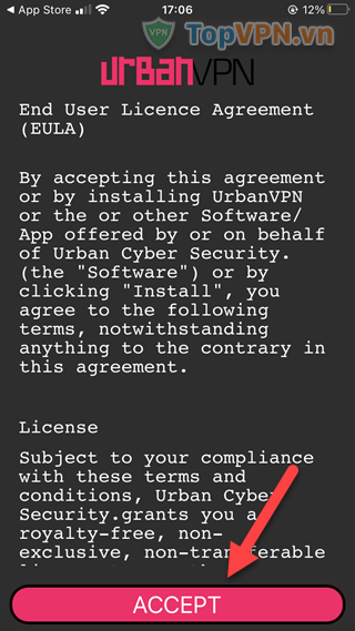 Nhấn Accept để đồng ý với chính sách của Urban VPN