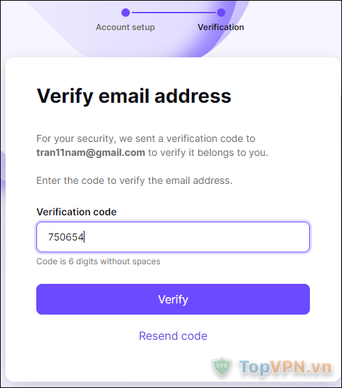 Nhập mã xác minh dán vào ô Verification code rồi nhấn Verify