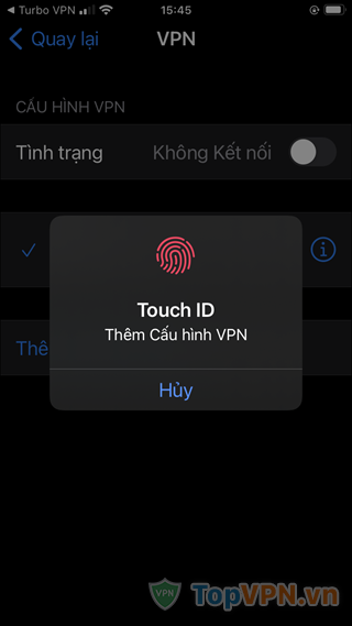 Nhập mật khẩu hoặc Touch ID, Face ID để thêm cấu hình VPN