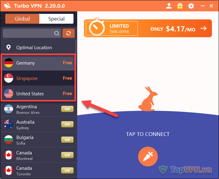 Turbo VPN cung cấp cho bạn 3 server để sử dụng miễn phí là Đức, Singapore và Hoa Kỳ